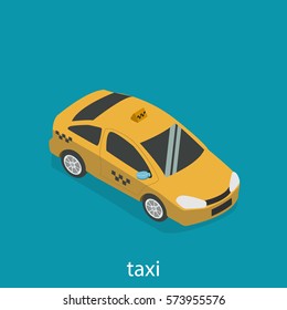 Isometric 3D concept vector transportation of passengers in the taxi. Standing on the site of transport.