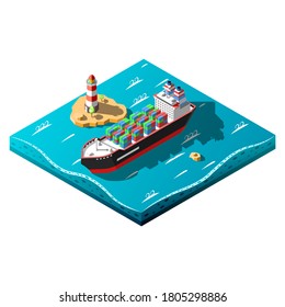 Isometric 3D Container Ship Vector Design Style Transport With Lighthouse And Water