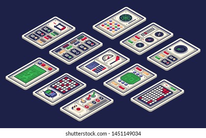 Isometric 3d control panel of the spaceship. Includes all sorts of buttons radar tumbler switches. Vector illustration.