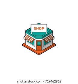 Isometric 3d corner Shop building. Flat store icon. Concept Shopping. Vector Illustration.