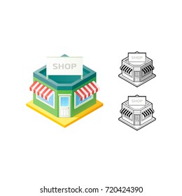 Isometric 3d corner Shop building. Flat store icon. Concept Shopping. Vector Illustration.