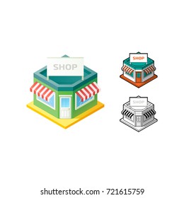 Isometric 3d corner Shop building. Flat store icon. Concept Shopping. Vector Illustration.