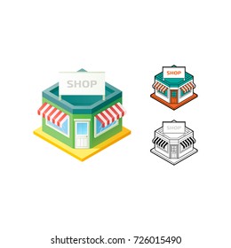 Isometric 3d corner Shop building. Flat store icon. Concept Shopping. Vector Illustration.