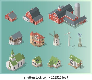 Isometric 3d cottage, farm, mill set, rural building collection. Icon. Architecture real estate, property, agriculture, vector illustration. Isolated models in flat, cartoon style. Advertisement, game