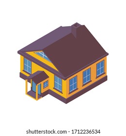 Isometric 3d country house isolated on white background. Vector illustration of modern home in yellow color. 