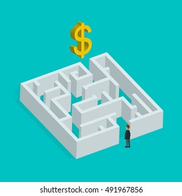  Isometric 3d creative business concept. Labyrinth solution and businessman. Vector flat illustration.  In search of profit and money