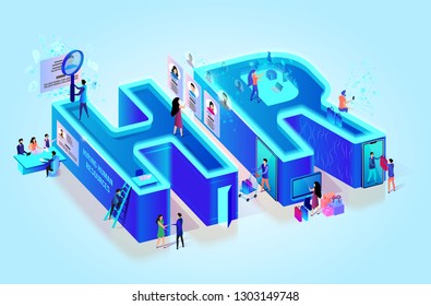 Isometric 3d Creative Letters HR. Human Resource. Little People in Neon City. Job Search. Interviewing, Assessment, Recruitment Agency. Hiring Employee Using Smart Technology. Flat Vector Illustration