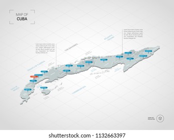 Isometric  3D Cuba map. Stylized vector map illustration with cities, borders, capital Havana , administrative divisions and pointer marks; gradient background with grid. 