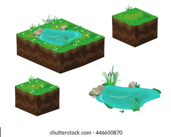 Isometric 3D cube lake/pond for computer games. Cube for game, element texture, nature brick for computer game  vector illustration
