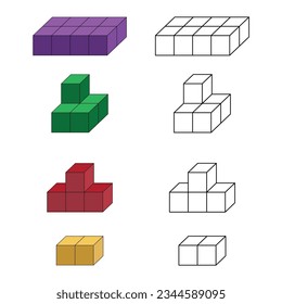 isometric 3d cubes. color cube and outline. on white background