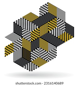 Isometric 3D cubes vector abstract geometric background, yellow abstraction art architecture city buildings theme, cubic shapes and forms composition lowpoly style.