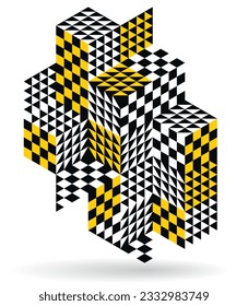 Isometric 3D cubes vector abstract geometric background, yellow abstraction art architecture city buildings theme, cubic shapes and forms composition lowpoly style.