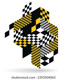 Isometric 3D cubes vector abstract geometric background, yellow abstraction art architecture city buildings theme, cubic shapes and forms composition lowpoly style.