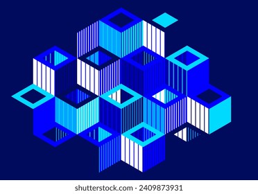 Isometric 3D cubes vector abstract geometric background, abstraction art polygonal graphic design wallpaper, cubic shapes and forms lowpoly composition over dark.