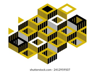 Isometric 3D cubes vector abstract geometric background, yellow abstraction art architecture city buildings theme, cubic shapes and forms composition lowpoly style.