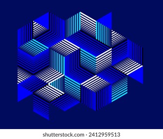 Isometric 3D cubes vector abstract geometric background, abstraction art polygonal graphic design wallpaper, cubic shapes and forms lowpoly composition over dark.