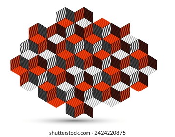 Isometric 3D cubes vector abstract geometric background, red abstraction art architecture city buildings theme, cubic shapes and forms composition lowpoly style.