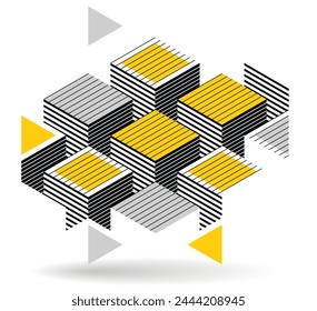 Isometric 3D cubes vector abstract geometric background, yellow abstraction art architecture city buildings theme, cubic shapes and forms composition lowpoly style.