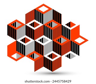 Isometric 3D cubes vector abstract geometric background, red abstraction art architecture city buildings theme, cubic shapes and forms composition lowpoly style.