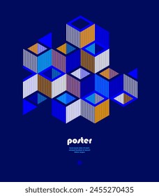 Isometric 3D cubes vector abstract geometric background, abstraction art polygonal graphic design wallpaper, cubic shapes and forms lowpoly composition over dark.