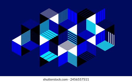 Isometric 3D cubes vector abstract geometric background, abstraction art polygonal graphic design wallpaper, cubic shapes and forms lowpoly composition over dark.