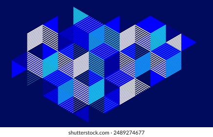 Isometric 3D cubes vector abstract geometric background, abstraction art polygonal graphic design wallpaper, cubic shapes and forms lowpoly composition over dark.