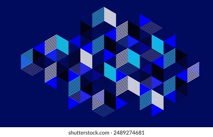 Isometric 3D cubes vector abstract geometric background, abstraction art polygonal graphic design wallpaper, cubic shapes and forms lowpoly composition over dark.