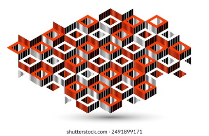 Isometric 3D cubes vector abstract geometric background, red abstraction art architecture city buildings theme, cubic shapes and forms composition lowpoly style.