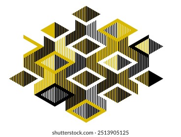 Isometric 3D cubes vector abstract geometric background, yellow abstraction art architecture city buildings theme, cubic shapes and forms composition lowpoly style.