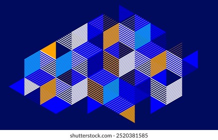 Isometric 3D cubes vector abstract geometric background, abstraction art polygonal graphic design wallpaper, cubic shapes and forms lowpoly composition over dark.