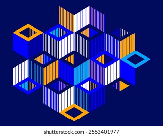 Isometric 3D cubes vector abstract geometric background, abstraction art polygonal graphic design wallpaper, cubic shapes and forms lowpoly composition over dark.