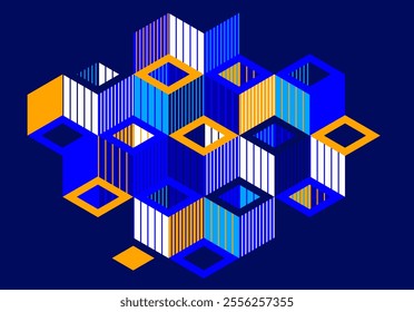 Isometric 3D cubes vector abstract geometric background, abstraction art polygonal graphic design wallpaper, cubic shapes and forms lowpoly composition over dark.