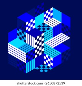 Isometric 3D cubes vector abstract geometric background, abstraction art polygonal graphic design wallpaper, cubic shapes and forms lowpoly composition over dark.