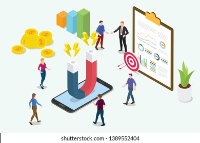 isometric 3d customer retention marketing concept with team people and magnet with graph chart - vector illustration svg