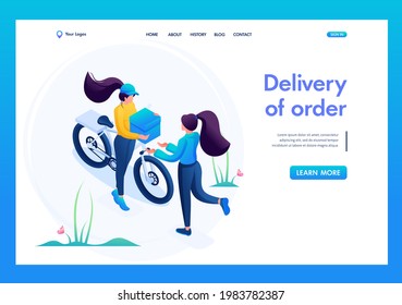 3D isométrico. Entrega De La Compra, El Correo Entrega Al Comprador. Página Concepto De Aterrizaje
