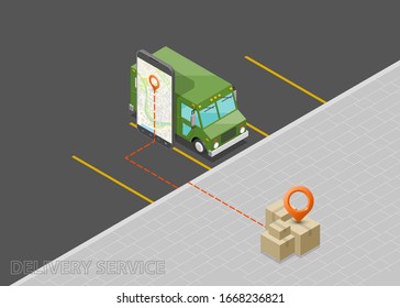 Isometric 3d delivery van and phone. Cargo truck transportation, box on route, Fast delivery logistic