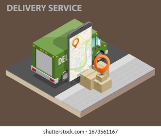 Isometric 3d delivery van and phone. Cargo truck transportation, box on route, Fast delivery logistic