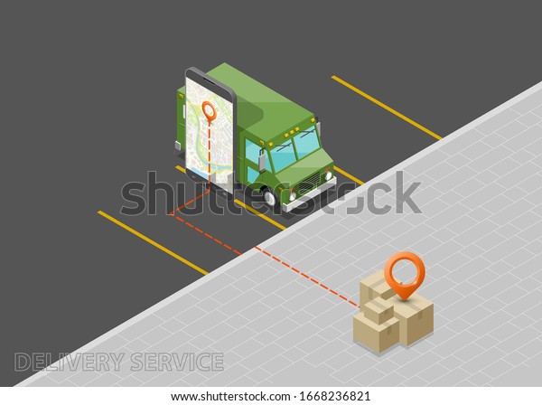Isometric 3d delivery van\
and phone. Cargo truck transportation, box on route, Fast delivery\
logistic