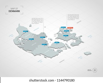 Isometric  3D Denmark map. Stylized vector map illustration with cities, borders, capital Copenhagen , administrative divisions and pointer marks; gradient background with grid. 
