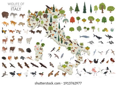 Diseño isométrico 3d de la fauna silvestre italiana. Animales, aves y elementos constructores de plantas aislados en conjunto blanco. Construya su propia colección de infografías geográficas. Ilustración del vector