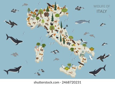 Isometric 3d design of Italy wildlife. Animals, birds and plants constructor elements isolated on white set. Build your own geography infographics collection. Vector illustration