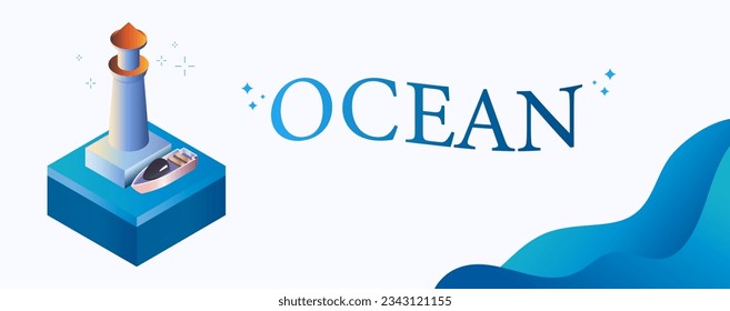 isometric 3d design, lighthouse and sea ship on water, isometric style. ocean concept