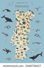 Isometric 3d design of Portugal wildlife. Animals, birds and plants constructor elements isolated on white set. Build your own geography infographics collection. Vector illustration
