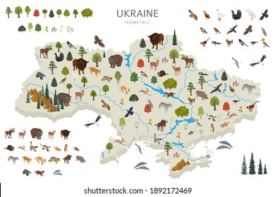 Isometric 3d design of Ukraina wildlife. Animals, birds and plants constructor elements isolated on white set. Build your own geography infographics collection. Vector illustration