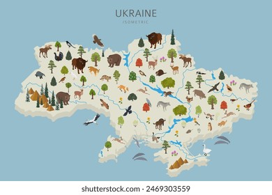 Isometrisches 3D-Design der ukrainischen Tierwelt. Tiere, Vögel und Pflanzen konstruieren Elemente isoliert auf weißem Set. Erstellen Sie Ihre eigene Geografie-Infografik-Kollektion. Vektorillustration