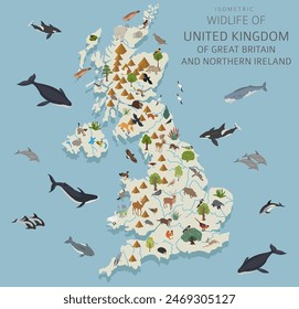 Isometric 3d design of United Kingdom wildlife. Animals, birds and plants constructor elements isolated on white set. Build your own geography infographics collection. Vector illustration