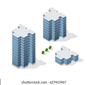 Isometric 3D dimensional skyscraper building of modern architecture of urban construction. Drawing map engineering design landscape top view