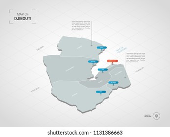 Isometric  3D Djibouti map. Stylized vector map illustration with cities, borders, capital, administrative divisions and pointer marks; gradient background with grid. 