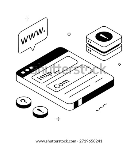Isometric 3D domain not found illustration showing http error page.