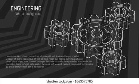 Isometric 3d drawing of gears background. White lines on a black background. Vector illustration. 16:9 Aspect Ratio. Editable strokes.